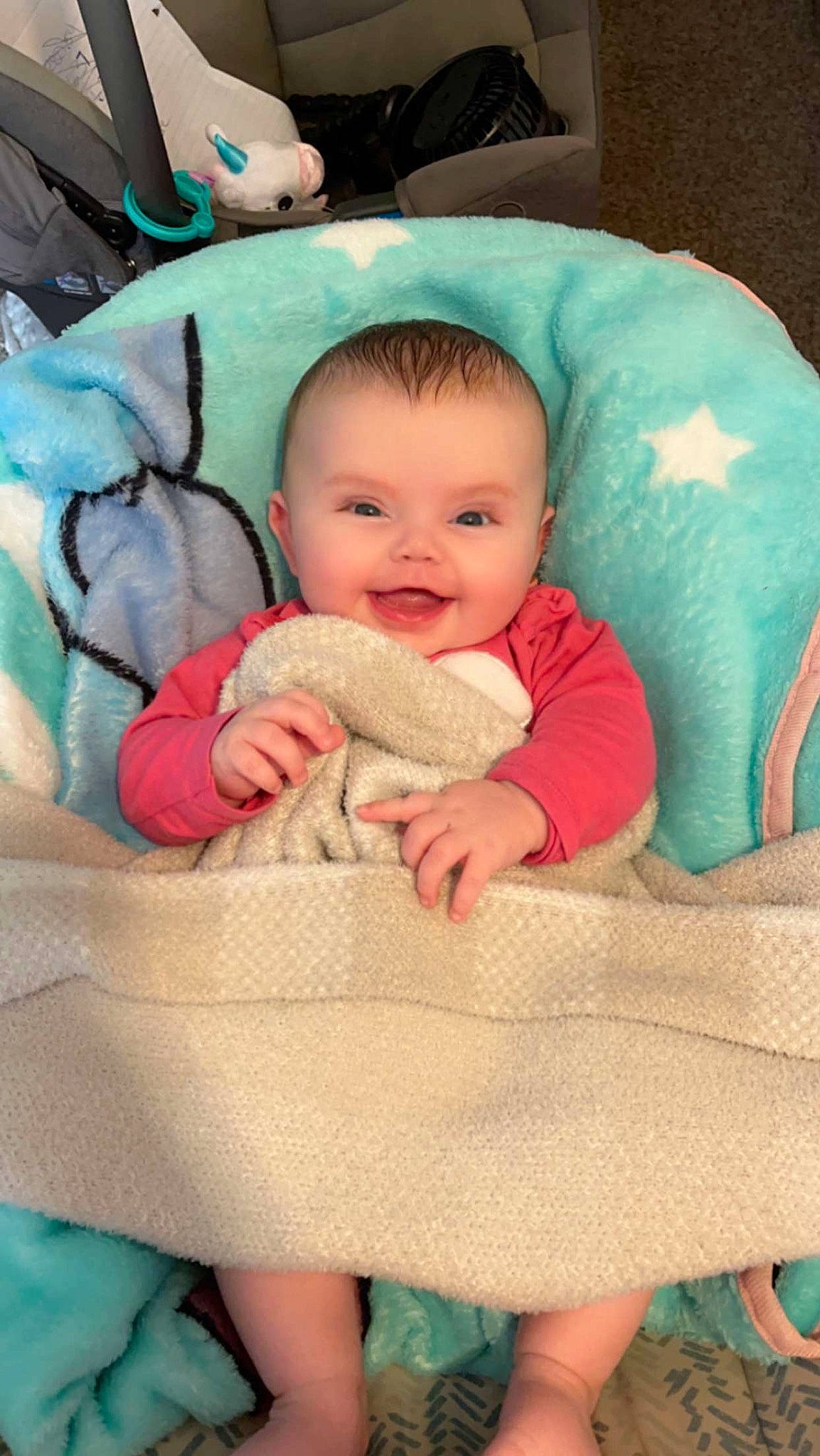 Ariana is registered to the contest to win money with this photo: baby, baby_products, baby_sleeping, baby_toddler_clothing, cheek, child, comfort, face, finger, head, joy, linens, mammal, person, pink, product, skin, sleeve, smile, textile