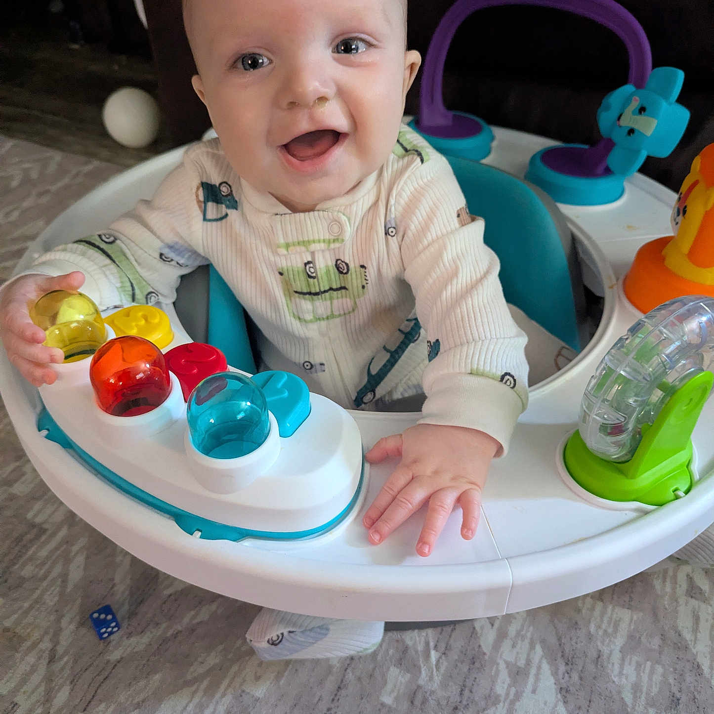 Tucker joined the competition — help win amazing prizes! baby, child, smiling, indoor, activity_center, toy, play, happy, person, infant, colorful, seat, carpet, hand, face, clothing, floor, cute, joy, expression