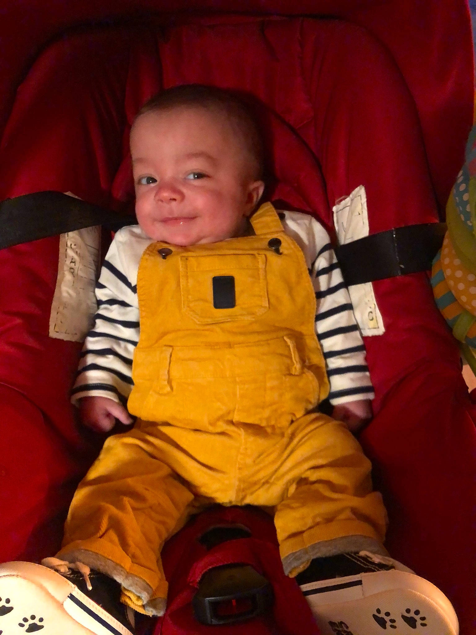 Mylann participe au concours pour gagner de l'argent avec cette photo : baby, baby_products, baby_toddler_clothing, carmine, cheek, child, comfort, laugh, overall, person, sitting, toddler