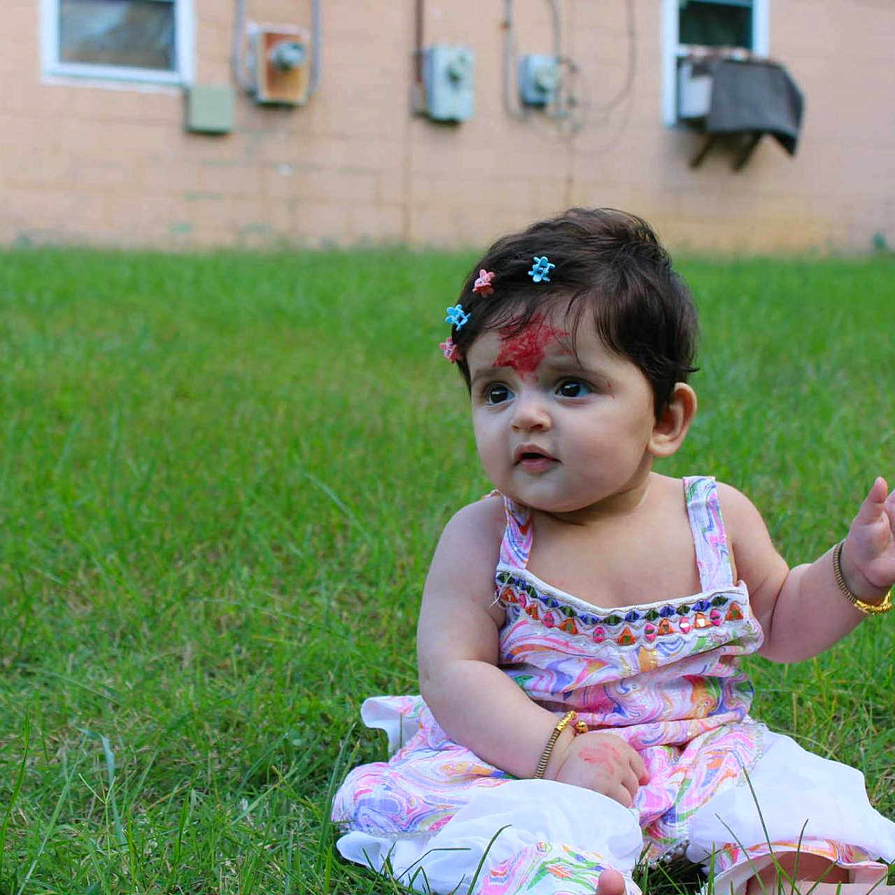 Nayasha is registered to the contest to win money with this photo: baby, background, bracelet, child, curious, cute, daylight, dress, forehead_mark, garden, grass, greenery, hair_clips, infant, nature, outdoor, person, sitting, skin, young