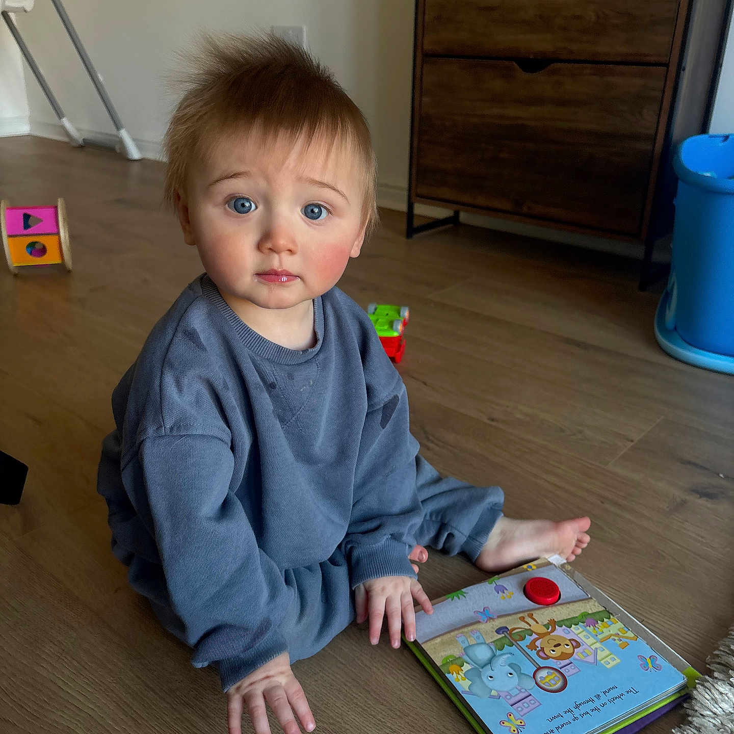 Wilfred joined the competition — help win amazing prizes! baby, bodypart, cabinet, clothing, face, finger, furniture, hand, hardwood, head, indoors, interiordesign, pants, person, photography, portrait, sitting, table, tape, wood