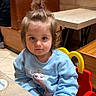 Victoire participe au concours pour gagner de l'argent avec cette photo : toddler, child, pony_tail, blue_sweatshirt, animated_character, restaurant, table, chair, red_chair, yellow_chair, indoor, booth_seating, tile_wall, curly_hair, cute, person, casual_clothing, waiting, portrait, young_child
