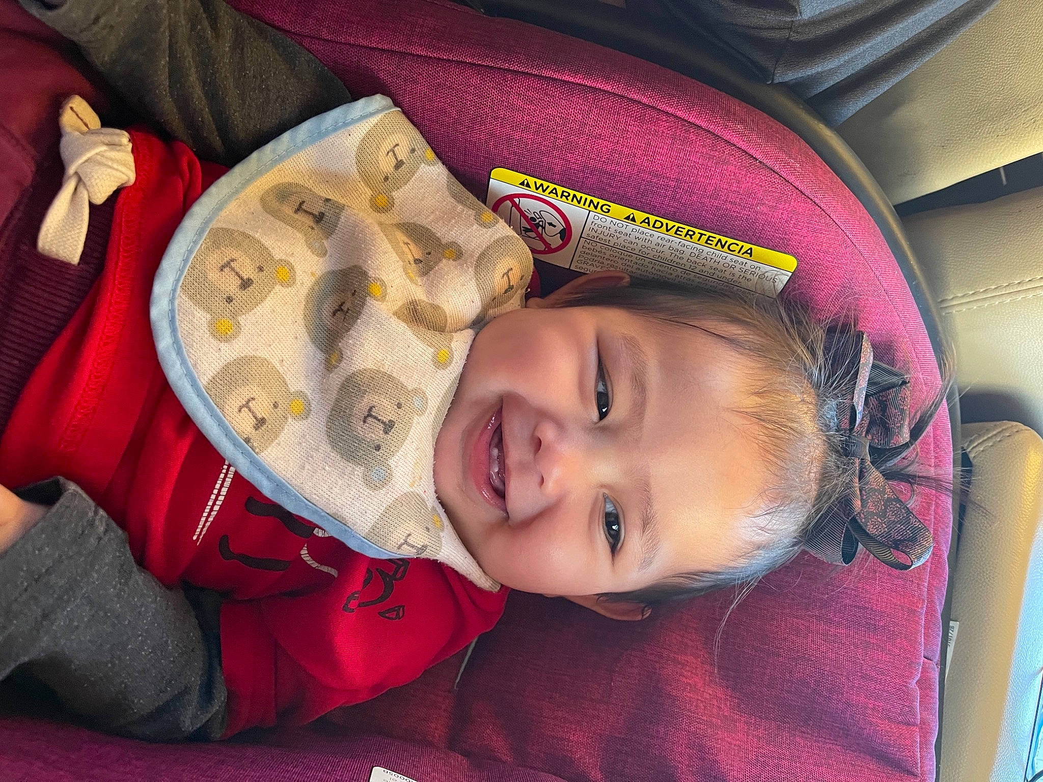 Skye joined the competition — help win amazing prizes! baby, baby_toddler_clothing, car_seat, cheek, child, close_up, comfort, eyebrow, fashion_accessory, happy, headgear, iris, lip, magenta, mouth, nose, person, red, skin, smile