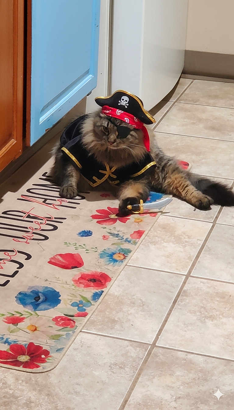 Lucy is registered to the contest to win money with this photo: cat, pirate_costume, eye_patch, pirate_hat, toy_sword, fluffy_cat, kitchen, tile_floor, colorful_mat, floral_pattern, pet, costume, indoor, animal, funny, relaxed, feline, cute, playful, domestic