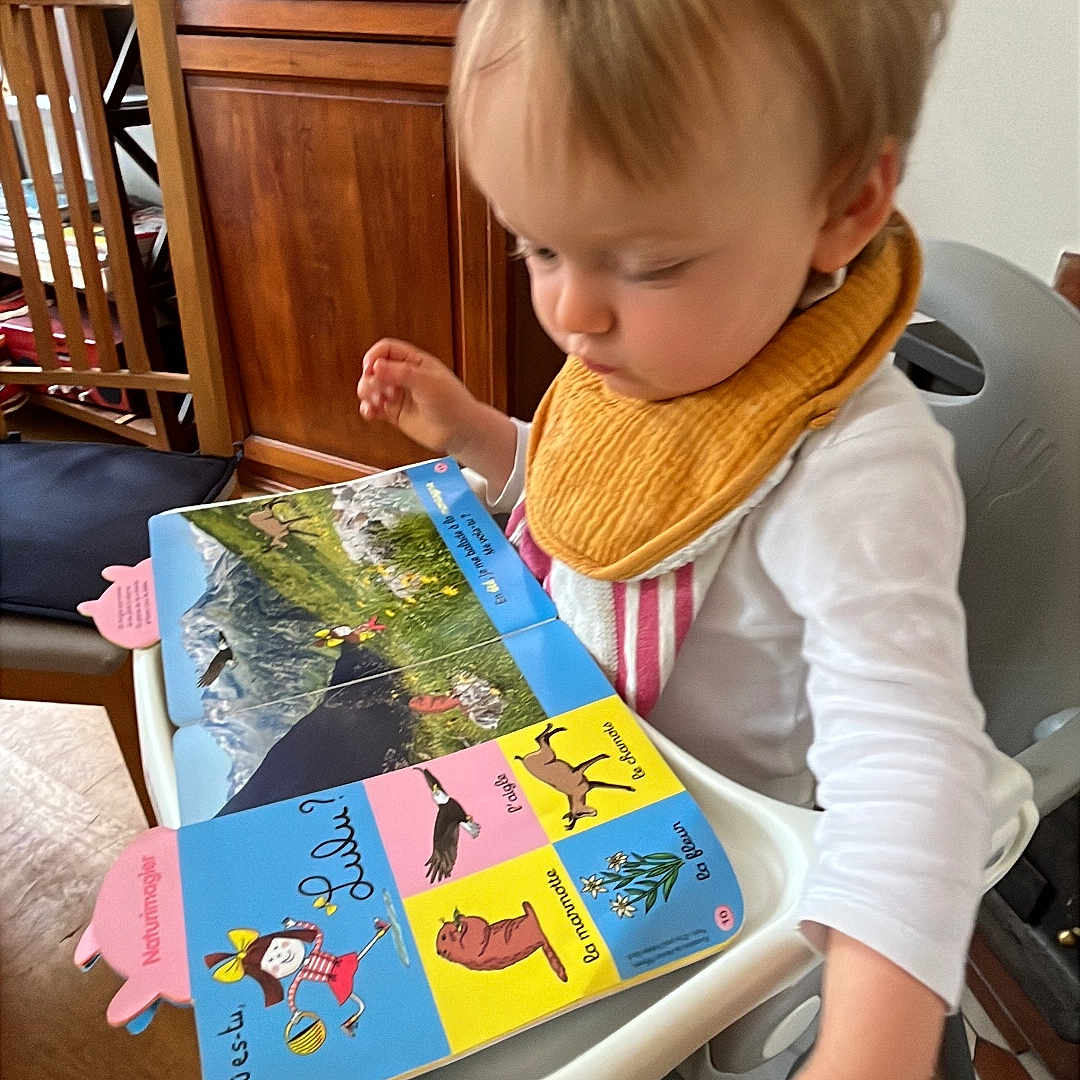 Sébastien participe au concours pour gagner de l'argent avec cette photo : baby, bib, book, child, clothing, colorful, curious, decor, floor, hand, high_chair, home, indoor, person, picture_book, reading, seated, table, toddler, wooden_furniture