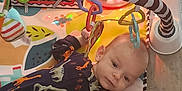 Enzo is registered to the contest to win money with this photo: baby, infant, play_mat, toy, dinosaur_print, onesie, colorful, hanging_toys, floor, indoors, child, cute, soft_lighting, face, hand, head, pattern, playtime, baby_clothes, expression