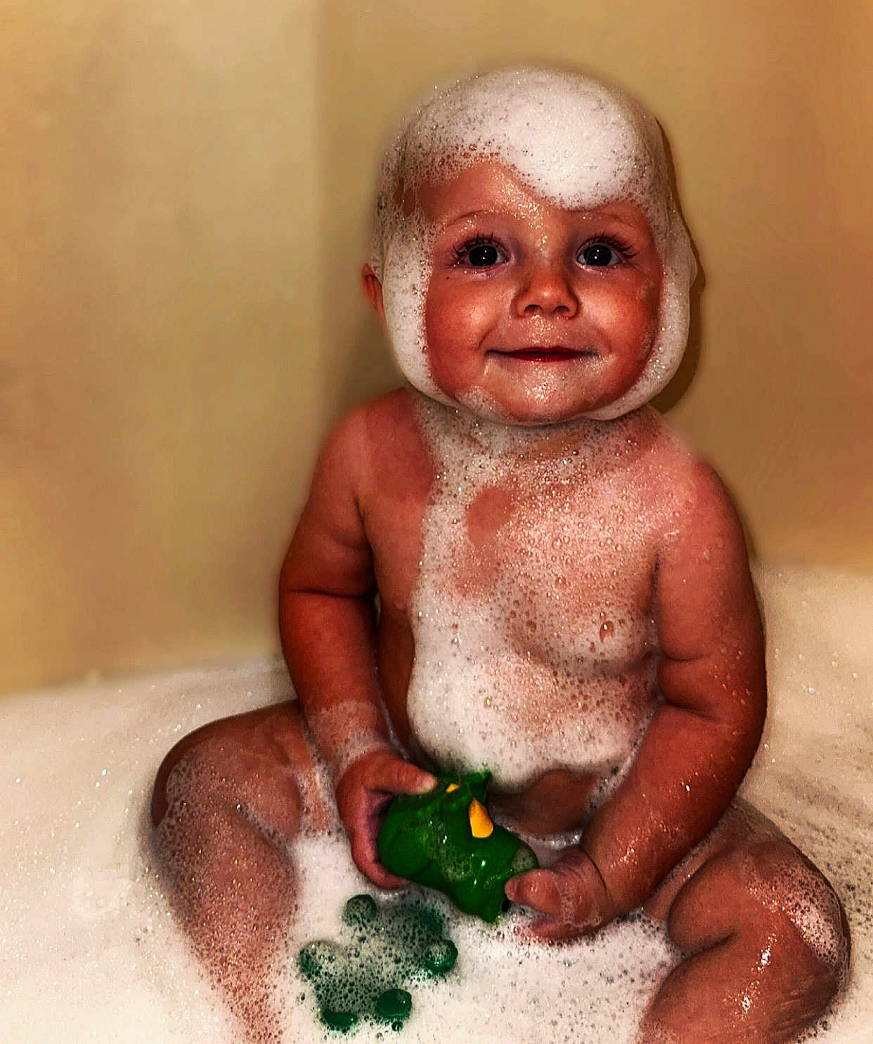 Bryar joined the competition — help win amazing prizes! baby, bath, bubbles, foam, rubber_toy, child, smiling, cute, wet_skin, water, playful, indoor, skin, happy, sitting, head_foam, toy, infant, fun, bubble_hat