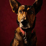 Tulipe participe au concours pour gagner de l'argent avec cette photo : alert, animal, background, black_fur, brown_fur, canine, close_up, collar, dog, ears, expression, fur_texture, indoor, looking, muzzle, pet, portrait, sitting, studio, tag