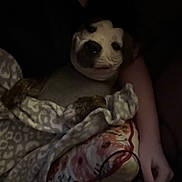 Baby is registered to the contest to win money with this photo: puppy, dog, blanket, pillow, floral, pattern, sleeping, resting, cozy, indoor, dim_light, human_arm, pet, cute, snuggled, comfort, animal, fur, relaxation, soft