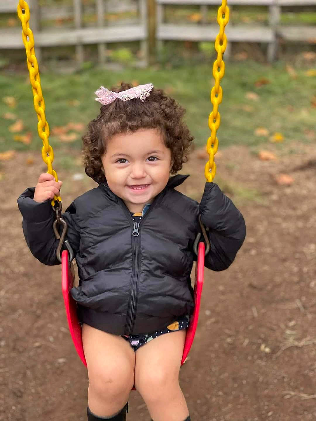 Paisley joined the competition — help win amazing prizes! arm, child, city, electric_blue, eye, face, fun, hair, happy, head, joy, leisure, natural_environment, person, playground, recreation, smile, swing, thigh, thumb