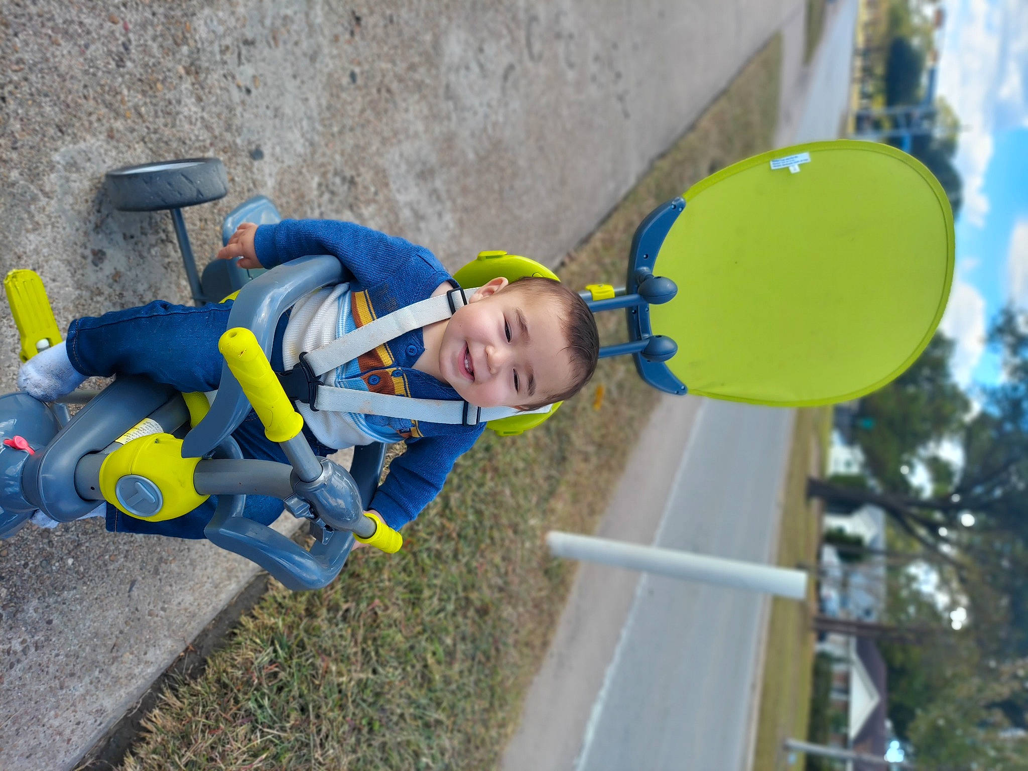 Mateo joined the competition — help win amazing prizes! balloon, child, electric_blue, fun, happy, hat, joy, leisure, outdoor_play_equipment, party_supply, person, personal_protective_equipment, play, recreation, sky, smile, t_shirt, toddler, tree