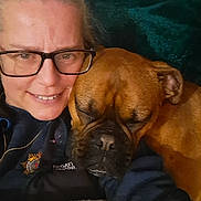 Baby Winston joined the competition — help win amazing prizes! brown_dog, casual, closeup, comfort, couch, cozy, dog, face, friendship, glasses, human, indoor, person, pet, portrait, relaxing, sleeping, smiling, snuggling, warm