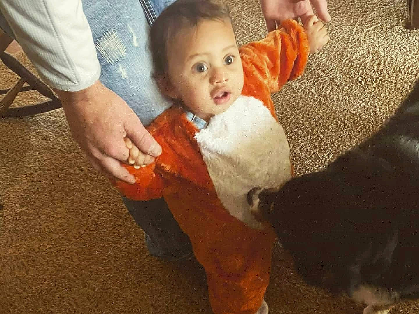 Leon is registered to the contest to win money with this photo: baby, cheek, child, ear, eye, fun, head, leg, mouth, nose, person, sitting, surprise, toddler