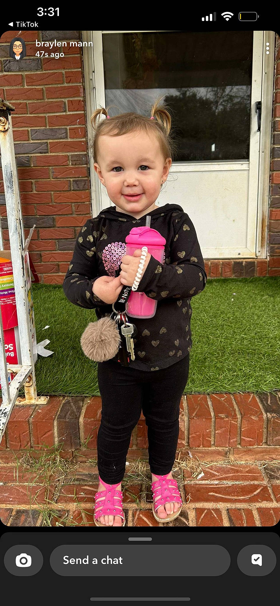 Ada joined the competition — help win amazing prizes! baby, baby_toddler_clothing, brick, child, clothing, face, fun, grass, hairstyle, happy, joy, magenta, pattern, people_in_nature, person, pink, plant, sleeve, smile, t_shirt