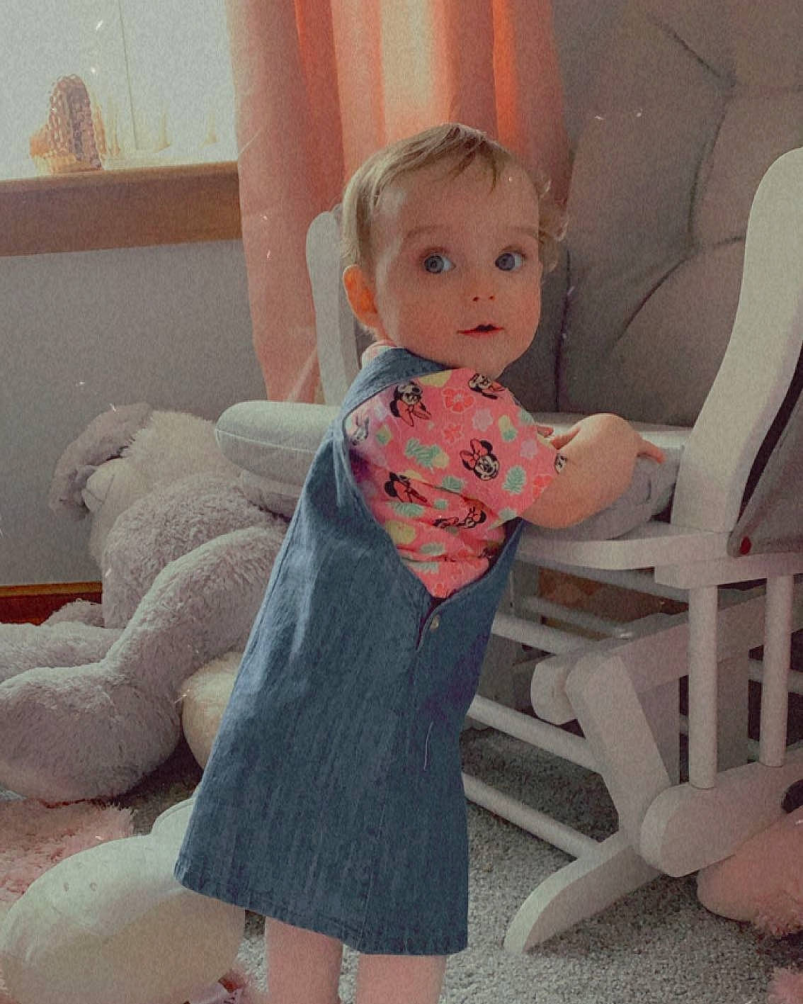 Faye is registered to the contest to win money with this photo: baby, baby_toddler_clothing, chair, comfort, day_dress, dress, finger, hairstyle, human_leg, iris, joint, leg, lip, person, pink, product, shoulder, skin, sleeve, surprise