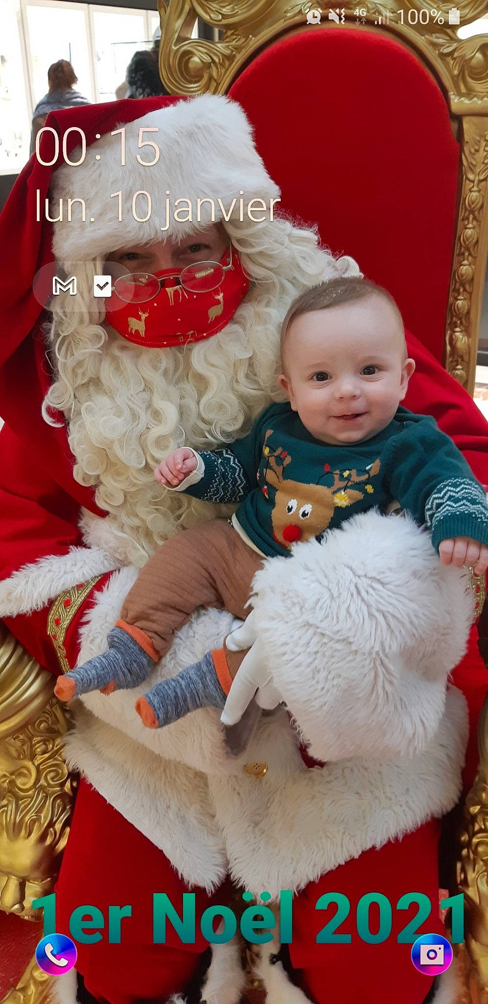 Lyam participe au concours pour gagner de l'argent avec cette photo : baby, baby_toddler_clothing, beard, child, christmas, christmas_eve, christmas_ornament, event, facial_hair, hand, happy, head, holiday, human_body, joy, lap, person, santa_claus, sitting, smile