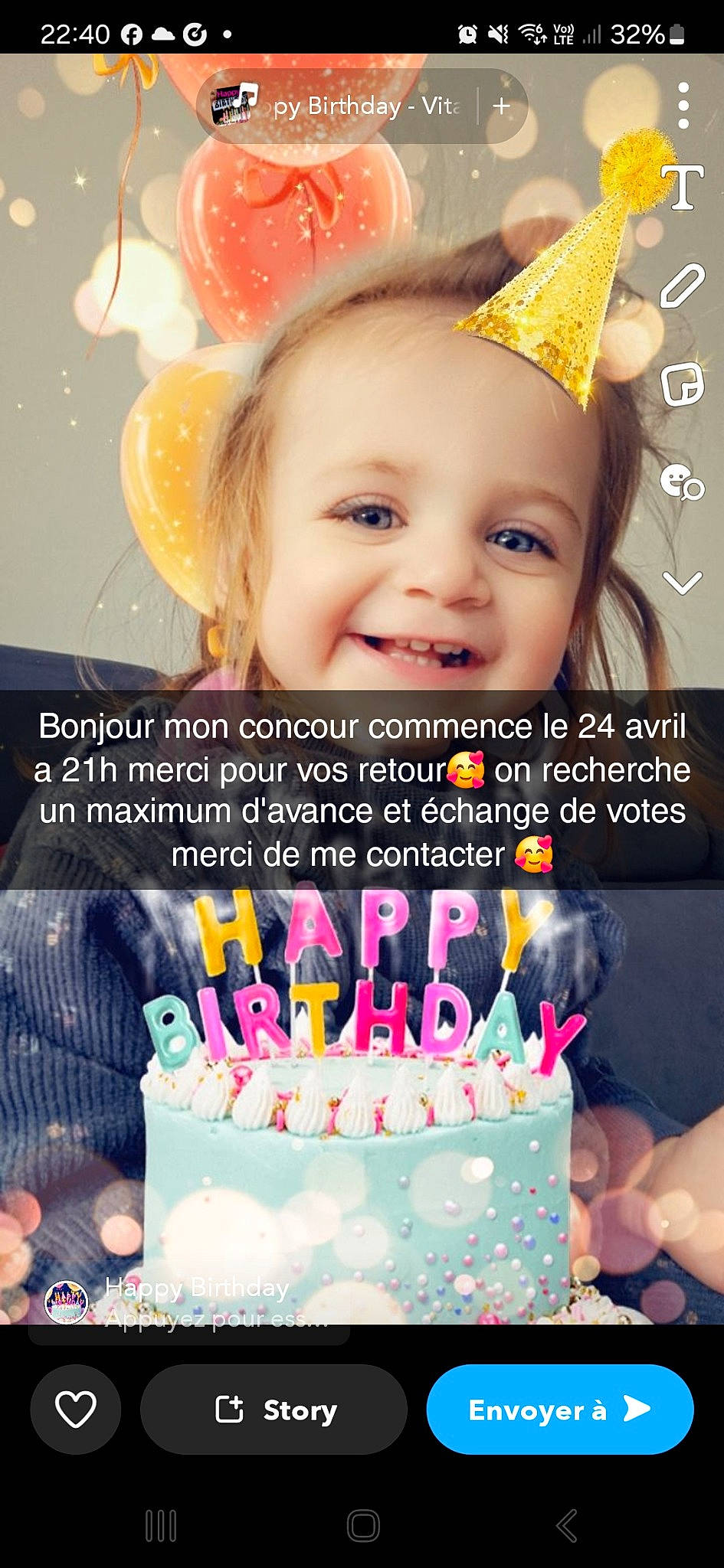 Nina participe au concours pour gagner de l'argent avec cette photo : beauty, birthday, child, costume_hat, event, eyebrow, eyelash, fashion_accessory, font, happy, headband, headpiece, joy, magenta, party_supply, person, photo_caption, pink, product, smile
