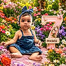 baby, infant, child, portrait, sitting, smiling, denim_dress, headband, bow, flowers, flower_garden, outdoor, floral_background, milestone, seven_months, number_seven, pink_blanket, baby_photography, colorful, garden