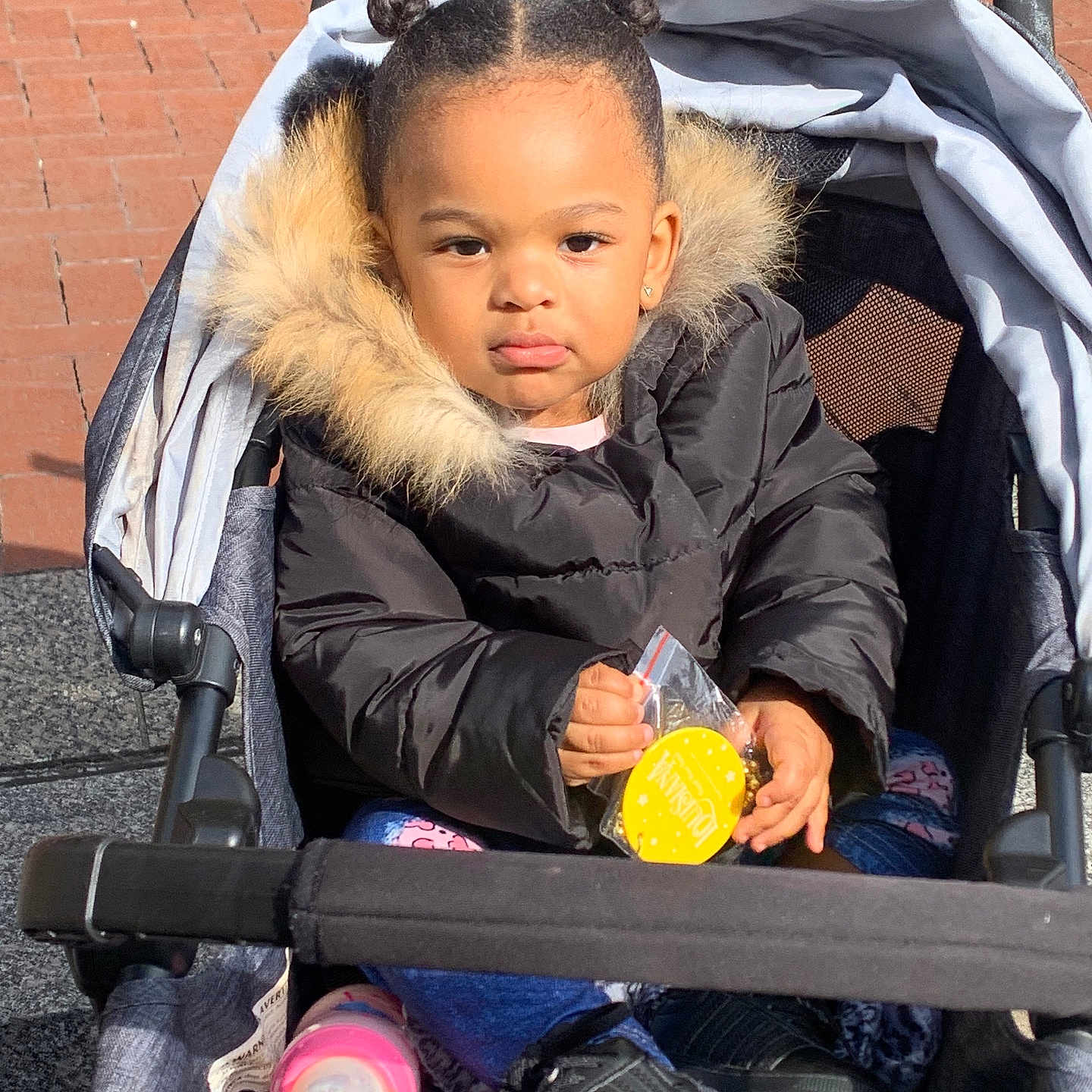 Bradlee is registered to the contest to win money with this photo: bundle_up, child, clothing, cute, daylight, fur_hood, hair_buns, jacket, outdoor, pavement, person, pink_bottle, seat, serious_expression, shoes, small_hands, stroller, sunlight, toddler, toy