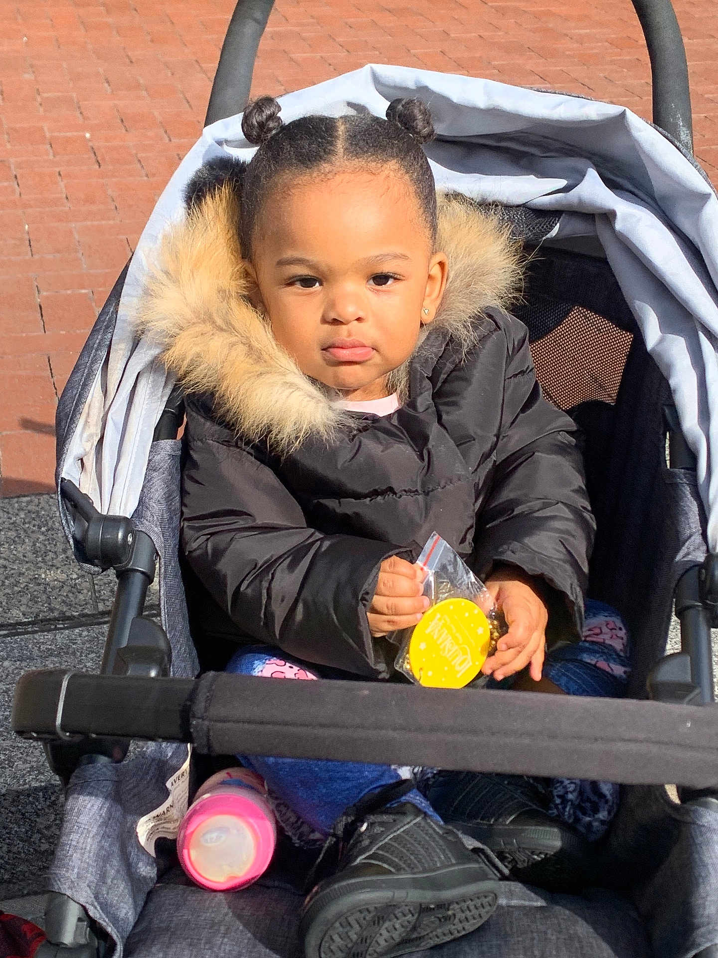 Bradlee is registered to the contest to win money with this photo: toddler, child, stroller, jacket, fur_hood, outdoor, sunlight, pink_bottle, shoes, hair_buns, serious_expression, clothing, person, seat, toy, pavement, daylight, small_hands, cute, bundle_up