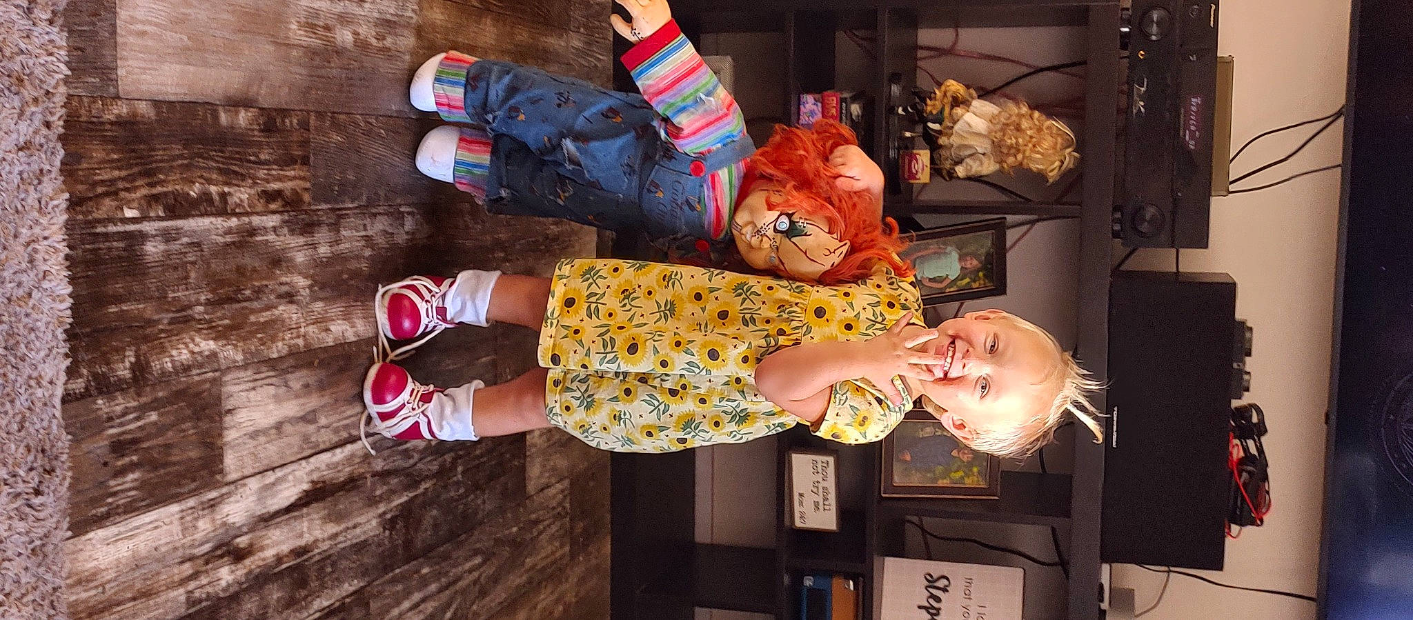 Hadley joined the competition — help win amazing prizes! baby, baby_toddler_clothing, carmine, child, dress, foot, fun, happy, human_leg, joy, leg, orange, pattern, person, pink, sandal, smile, sock, thigh, toddler