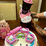 Oreo joined the competition — help win amazing prizes! arm, birthday_bib, birthday_cake, birthday_hat, birthday_party, black_cat, cake_decorations, cat, celebration, chair, colorful, hand, hello_kitty, indoor, person, pink, table, tattoo, wall_art, wooden_table