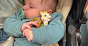 Cesar a rejoint le concours — aidez-le/la à gagner de superbes lots ! baby, pacifier, giraffe_toy, stroller, blue_sweater, patterned_pants, blanket, infant, child, cute, soft, cozy, toy, clothing, seat, comfort, sleepy, indoors, person, young_child
