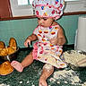 Astrid joined the competition — help win amazing prizes! baby, child, baking, kitchen, flour, apron, chef_hat, bread, countertop, bowl, rolling_pin, mess, cute, food, cooking, exploring, indoors, foot, hand, window