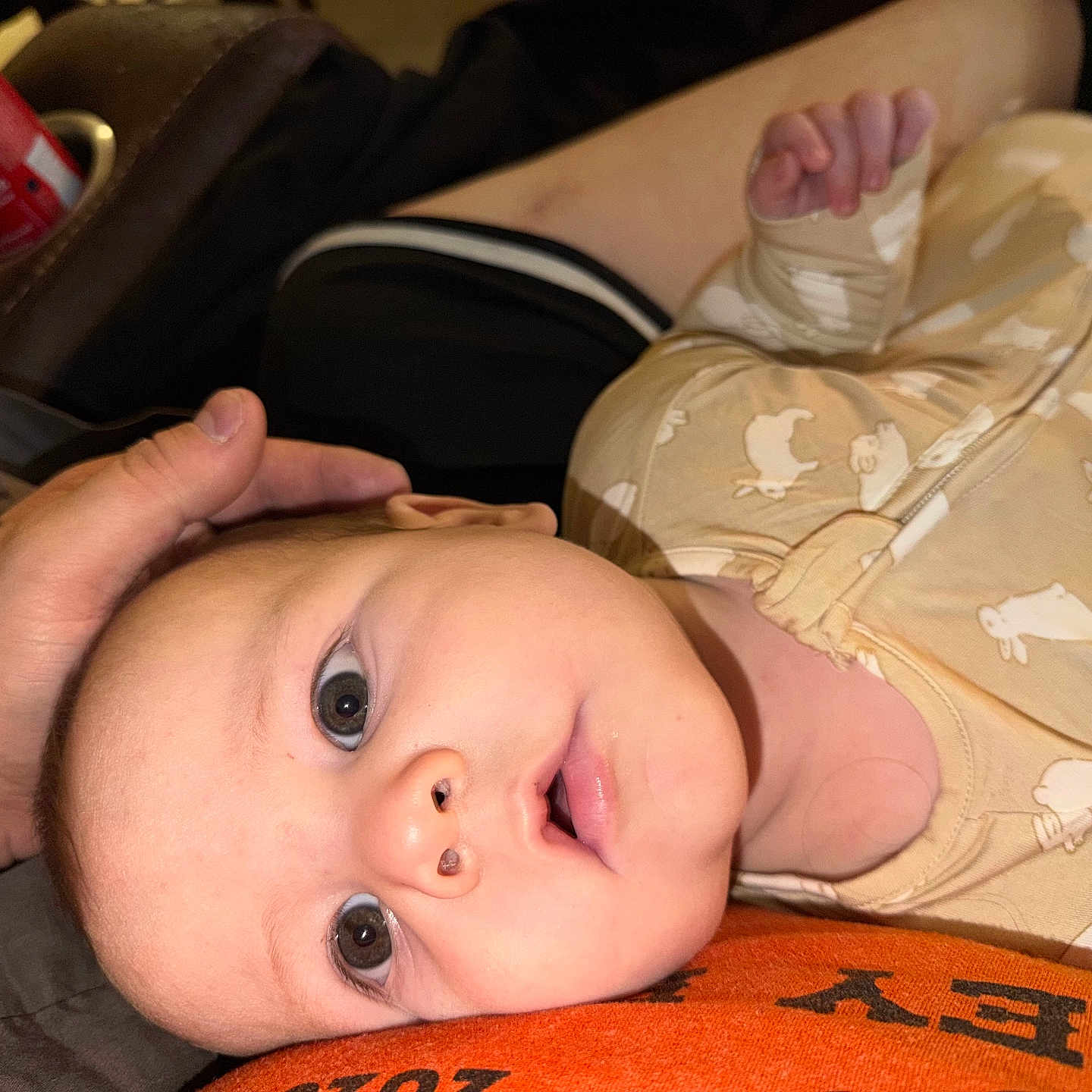 Kraysen joined the competition — help win amazing prizes! animal_print, baby, can, casual, close_up, comfort, couch, curious, expression, face, hand, indoor, infant, onesie, orange, person, resting, skin, soda, toy