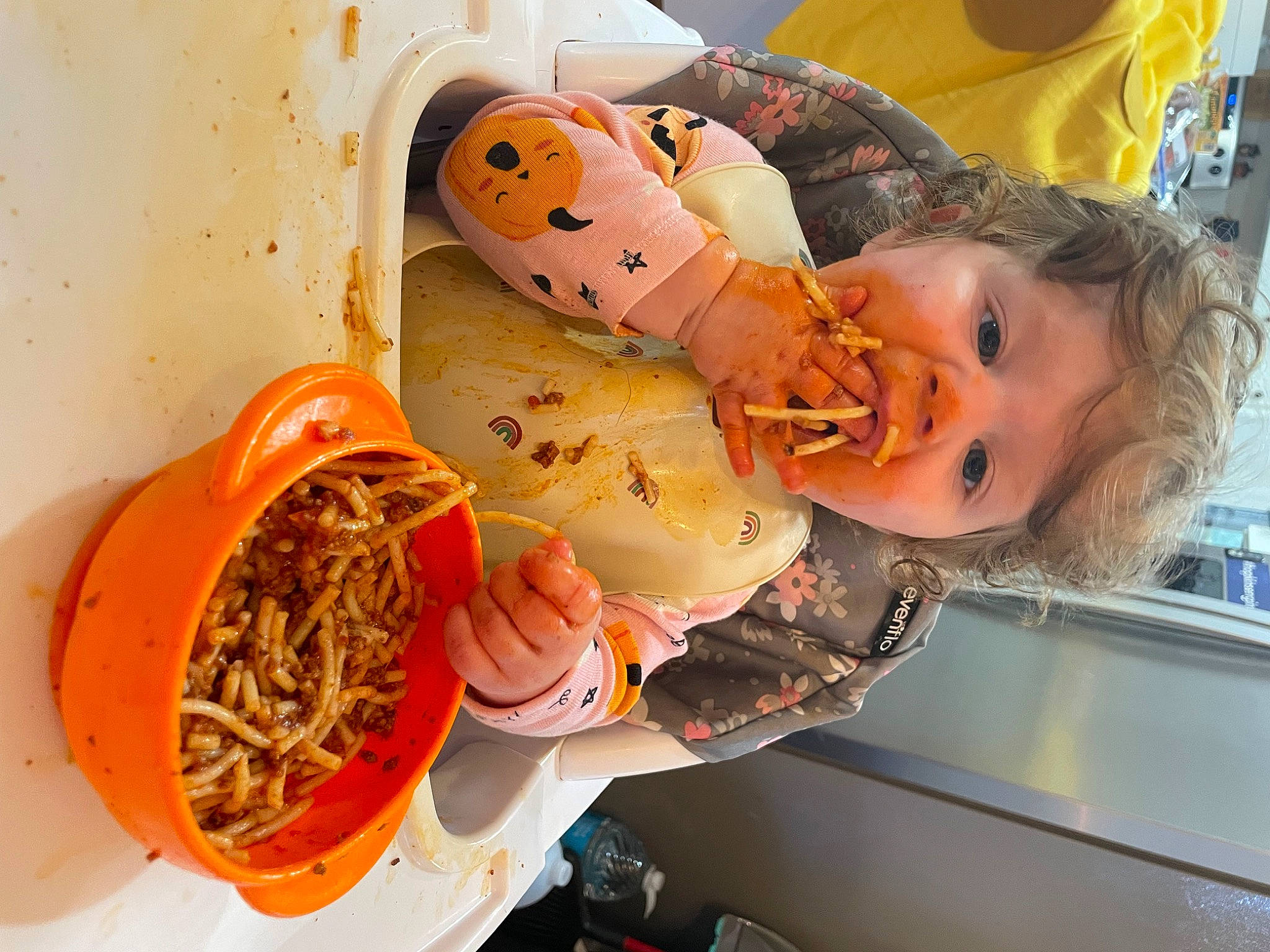 Livia is registered to the contest to win money with this photo: baby, breakfast, child, comfort_food, cuisine, dish, eye, fast_food, food, food_craving, ingredient, junk_food, noodle, orange, pancit, person, plastic, recipe, room, spaghetti