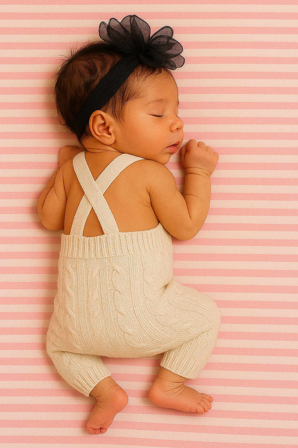 Maeva participe au concours pour gagner de l'argent avec cette photo : baby, sleeping, infant, headband, bow, knitwear, overalls, striped_background, pink, white, soft_texture, peaceful, cute, toddler, skin, foot, hand, portrait, lying_down, cozy