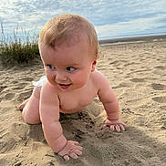 Kit is registered to the contest to win money with this photo: baby, child, sand, beach, crawling, bare_chest, smile, blue_eyes, cloudy_sky, grass, nature, outdoor, cute, infant, skin, portrait, expression, playful, happy, young
