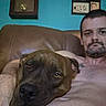 man, dog, couch, indoor, relaxing, portrait, brown_dog, leather_couch, clock, photo_frames, wall, shirtless, close_up, pet, companion, home, casual, resting, face, human