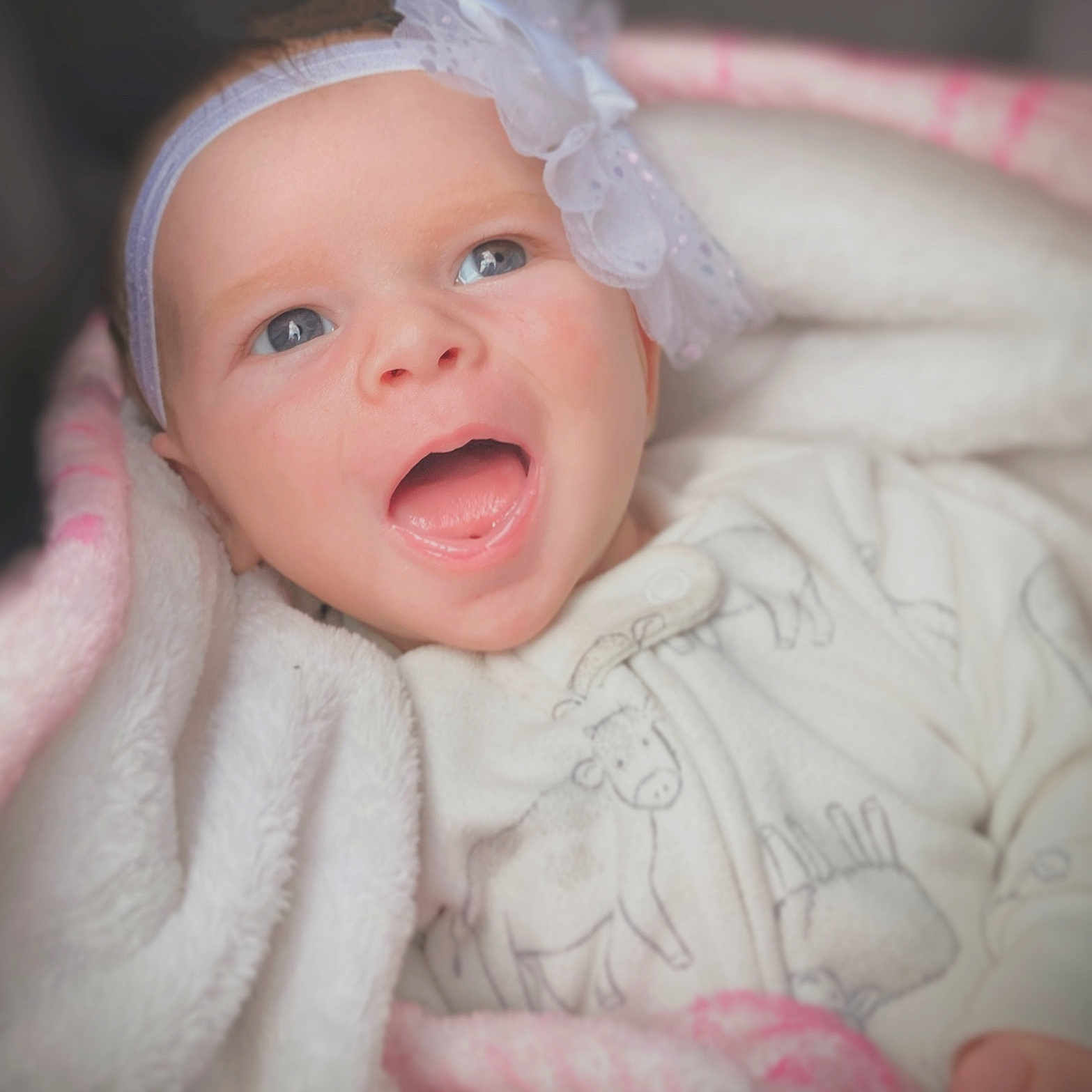 Hayleigh Jo joined the competition — help win amazing prizes! animal_print, baby, blanket, child, closeup, cozy, cute, eyes, face, flower, happy, headband, indoor, infant, mouth_open, onesie, portrait, skin, smiling, soft