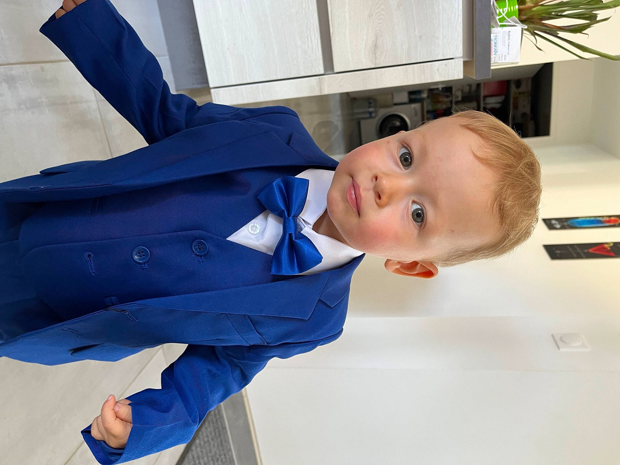 Robin participe au concours pour gagner de l'argent avec cette photo : baby, baby_products, baby_toddler_clothing, child, collar, comfort, denim, dress_shirt, elbow, electric_blue, gesture, happy, person, plant, shelf, sitting, sleeve, tie, toddler, uniform