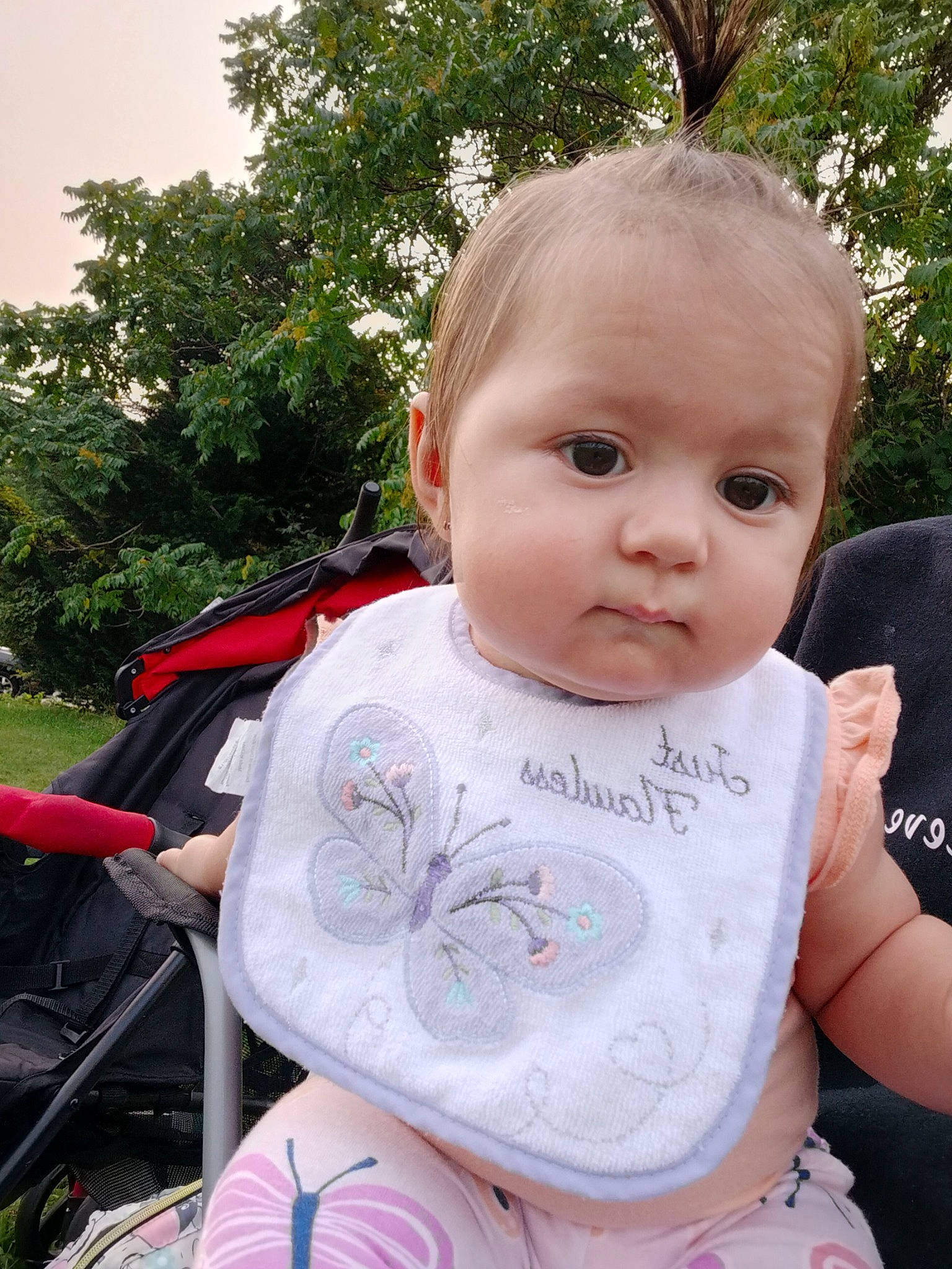 Emmalyn joined the competition — help win amazing prizes! baby, baby_carriage, baby_products, baby_toddler_clothing, cheek, child, grass, happy, leisure, lip, person, pink, plant, recreation, sitting, skin, sky, sleeve, t_shirt, toddler