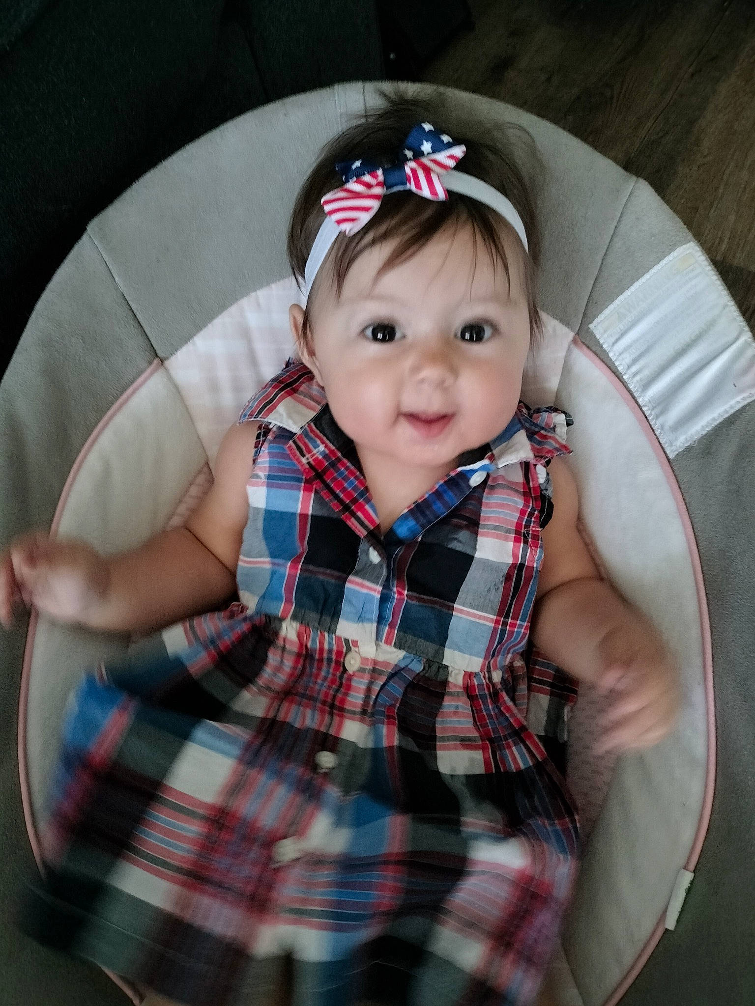 Emmalyn joined the competition — help win amazing prizes! baby, baby_toddler_clothing, child, circle, comfort, design, fashion_accessory, flash_photography, fun, happy, hat, headwear, pattern, person, plaid, product, sitting, sleeve, smile, t_shirt
