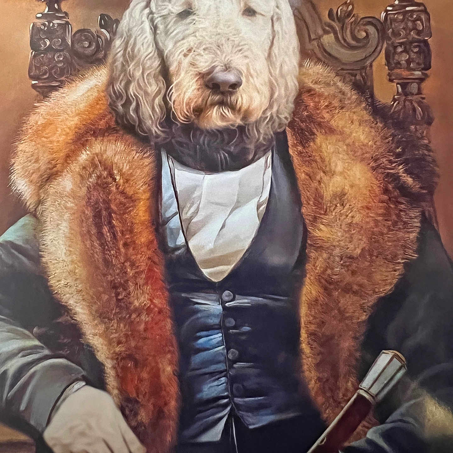 Birch is registered to the contest to win money with this photo: adult, animal, art, blade, canine, clothing, coat, face, glove, head, lady, male, man, painting, person, photography, portrait, razor, sitting, weapon
