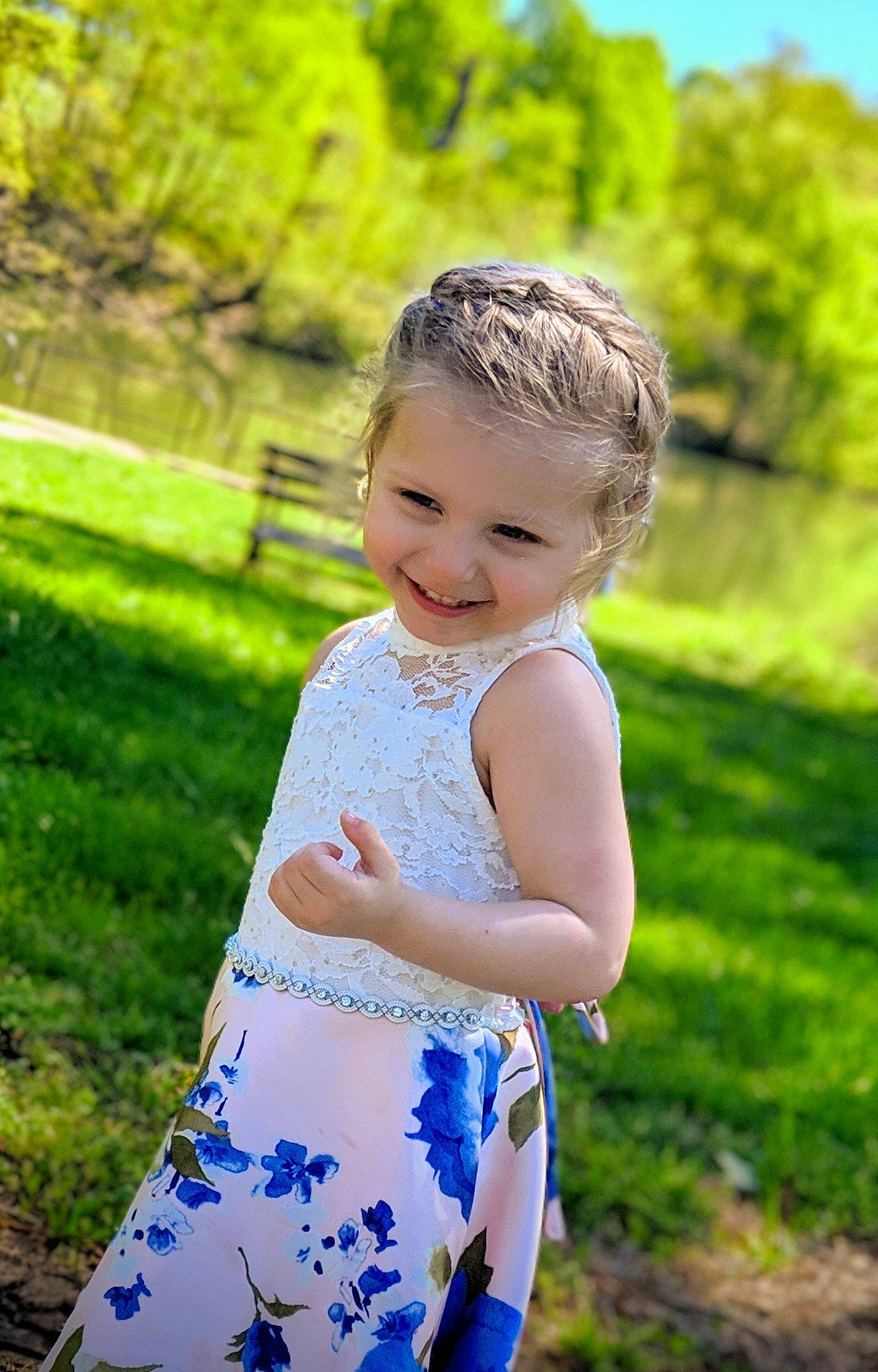 Gwendolyn is registered to the contest to win money with this photo: baby, child, dress, grass, green, happy, headwear, joy, meadow, pattern, people_in_nature, person, photograph, photography, plant, play, smile, spring, summer, sunlight