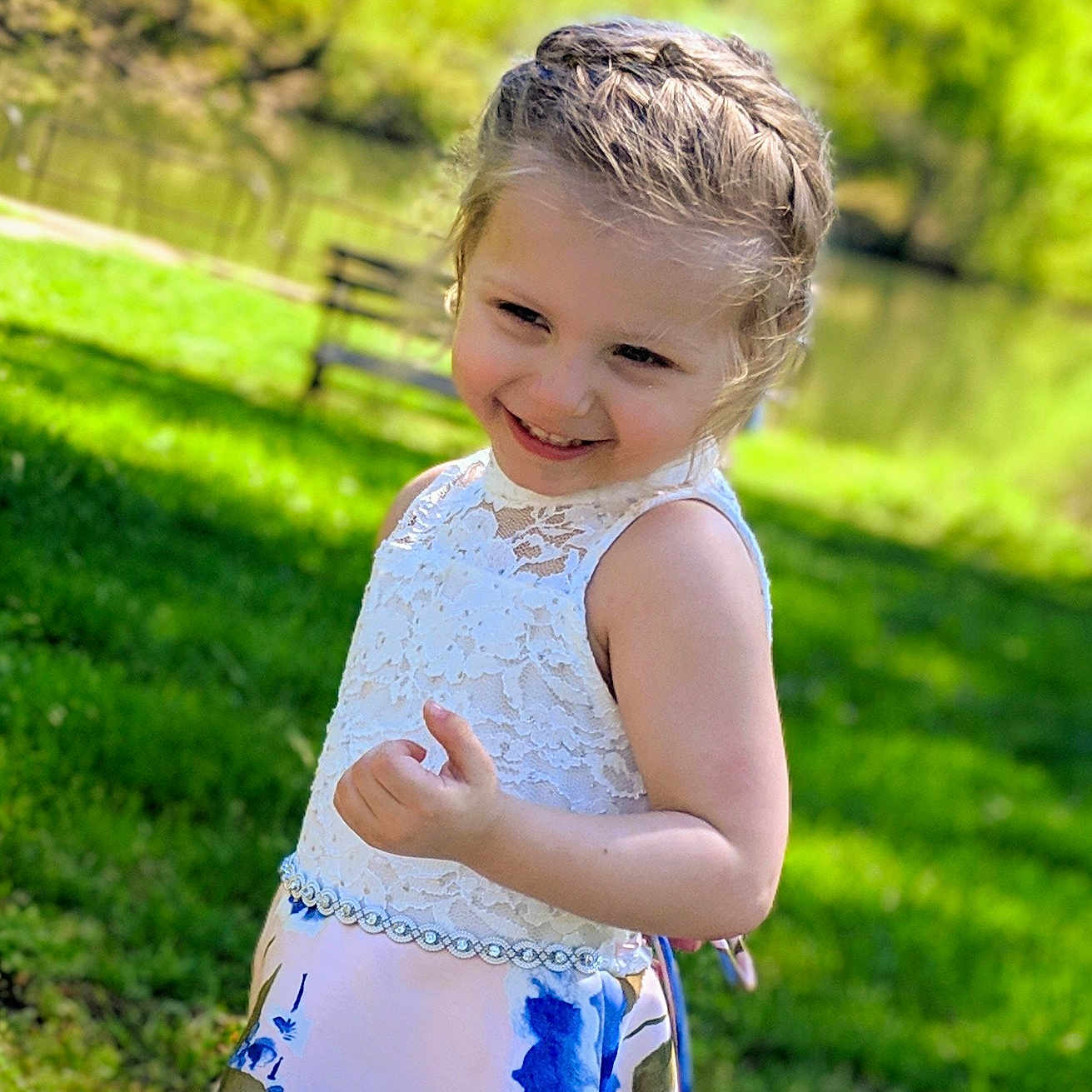 Gwendolyn is registered to the contest to win money with this photo: baby, child, dress, grass, green, happy, headwear, joy, meadow, pattern, people_in_nature, person, photograph, photography, plant, play, smile, spring, summer, sunlight