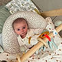 baby, blanket, carpet, child, clothing, comfort, cushion, cute, face, floor, head, indoor, infant, looking, patterned_blanket, person, playtime, soft_toys, toy, wooden_play_gym