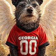 Biscuit is registered to the contest to win money with this photo: dog, angel_wings, red_jersey, clouds, golden_light, tribute, remembrance, portrait, sitting, animal, furry, pet, outdoor, nature, leaves, grass, sky, serene, memorial, text_overlay