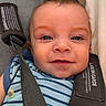 baby, blue_striped_clothing, car_seat, child, close_up, cute, eyes, face, happy, head, indoor, infant, person, portrait, safety_harness, seatbelt, skin, smiling, straps, young_child