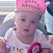 Athena is registered to the contest to win money with this photo: accessories, baby, birthdaycake, cake, cap, clothing, cream, crown, dessert, face, hat, head, jewelry, necklace, person, photography, portrait, purple, t_shirt, tiara