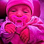 baby, infant, pacifier, pink, hat, clothing, hand, face, newborn, cute, sleepy, portrait, cozy, soft, child, indoors, closeup, skin, warm, resting