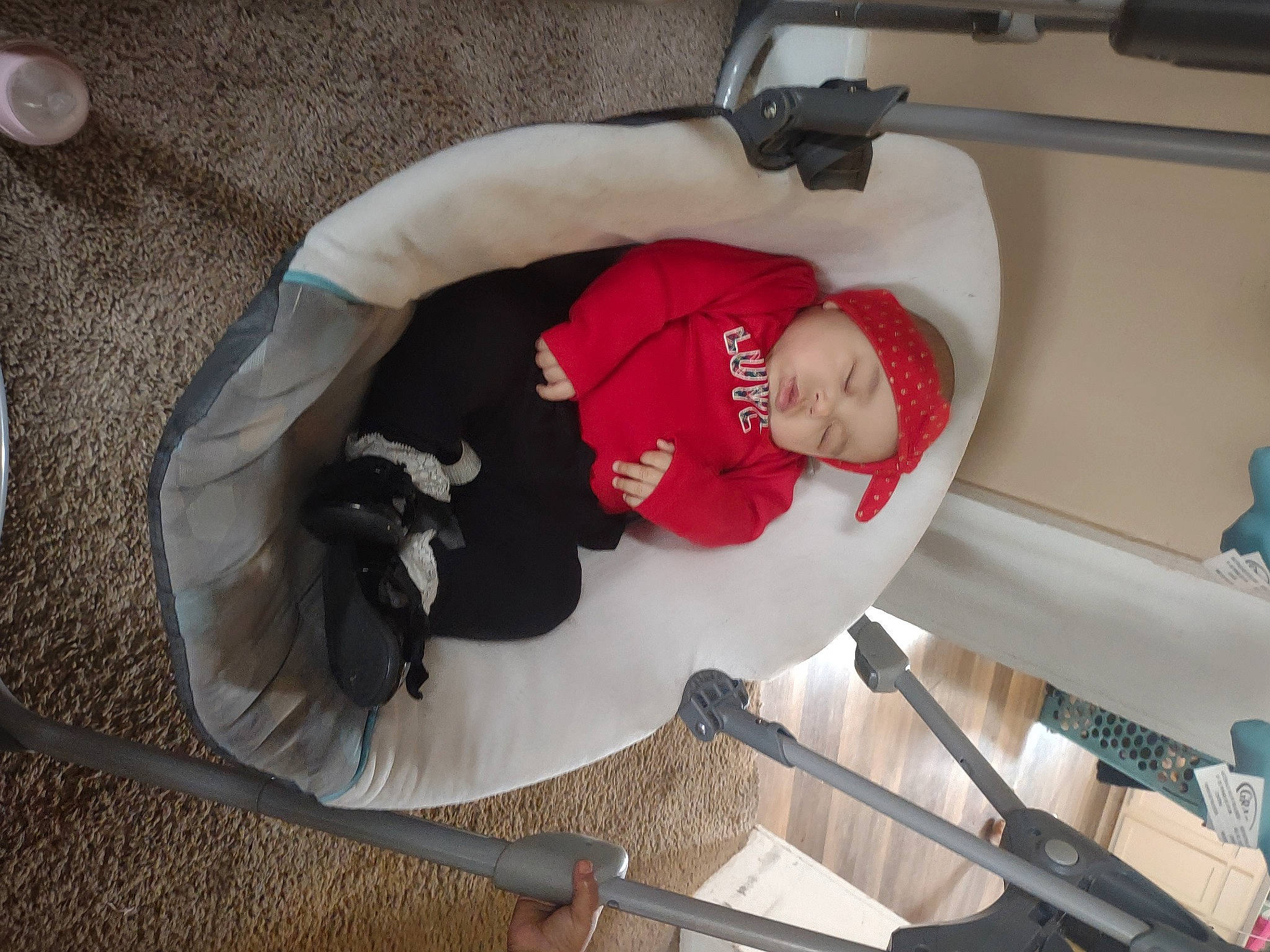 Carlyana is registered to the contest to win money with this photo: baby, baby_carriage, baby_products, baby_safety, baby_toddler_clothing, carmine, child, comfort, flooring, fun, hat, headwear, person, room, thigh, toddler