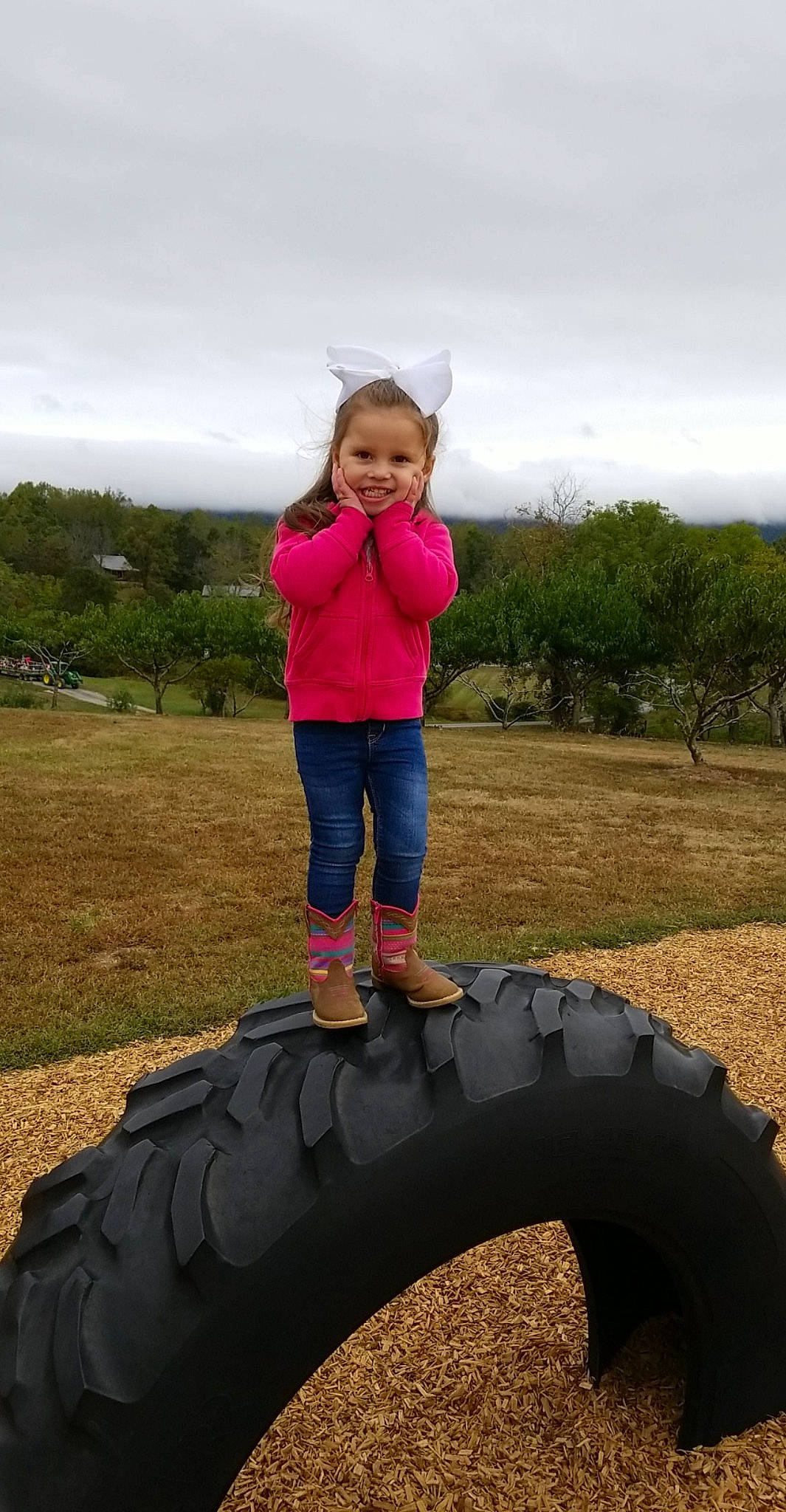 Carlie is registered to the contest to win money with this photo: auto_part, automotive_tire, automotive_wheel_system, child, fun, joy, leisure, outdoor_play_equipment, person, play, playground, recreation, smile, synthetic_rubber, tire, toddler, vacation, wheel