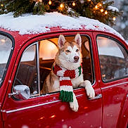 Tessa a rejoint le concours — aidez-le/la à gagner de superbes lots ! dog, husky, scarf, red_car, snow, winter, holiday, christmas_lights, pine_tree, vintage_car, window, animal, outdoor, cold_weather, festive, canine, pet, seasonal, nature, cozy