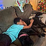 Nina joined the competition — help win amazing prizes! affection, black_dog, blanket, boy, child, christmas_tree, collar, couch, dog, door, floor, glasses, holiday_decor, home, indoor, living_room, pet, pillow, relaxing, resting