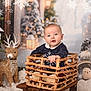 baby, child, wicker_basket, winter, snowflakes, decorations, reindeer, plush_toy, christmas, holiday, festive, lights, lantern, sweater, indoor, portrait, cute, seasonal, snow, smiling